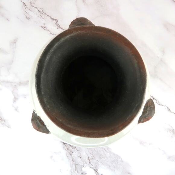 Vintage Large Crackle Glaze Pottery Vase w/ Mask Handles Rustic Asian Style 13" - Picture 6 of 9